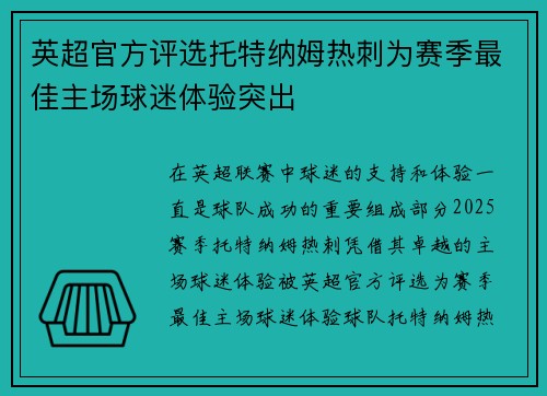英超官方评选托特纳姆热刺为赛季最佳主场球迷体验突出