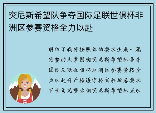 突尼斯希望队争夺国际足联世俱杯非洲区参赛资格全力以赴 突尼斯希望队争夺国际足联世俱杯非洲区参赛资格全力以赴